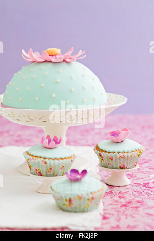 Decorated cake and cupcakes Stock Photo