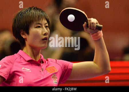 (160306) -- KUALA LUMPUR, March 6, 2016 (Xinhua) -- Ding Ning of China's women's table tennis team competes during the final against Japan at the 2016 World Team Championships in Kuala Lumpur, Malaysia, March 6, 2016. Defending champion China's women's table tennis team won the world championship title for the 20th time by defeating Japan 3-0 in the final. (Xinhua/Chong Voon Chung) Stock Photo