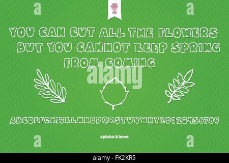 set of white paper stickers, stylish alphabet letters, numbers and tree leaves over green background. vector, cartoon style font Stock Vector