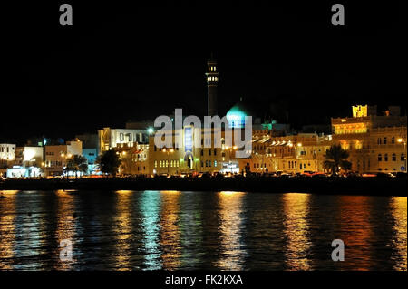 Mutrah at night with light reflection, Muscat, Sultanate of Oman Stock Photo