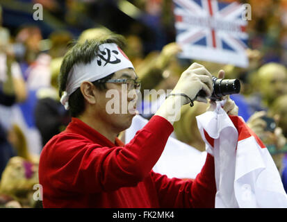 Barclaycard Arena, Birmingham, UK. 06th Mar, 2016. Davis Cup Tennis World Group First Round. Great Britain versus Japan. Japanese supporter as the teams come out for this afternoon's play. Credit:  Action Plus Sports/Alamy Live News Stock Photo