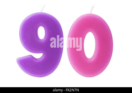 Colorful birthday candles in the form of the number 90 on white background Stock Photo