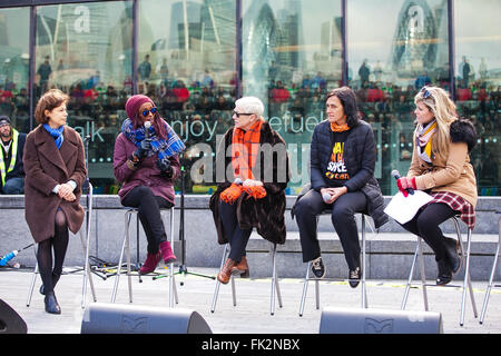 The Scoop at More London, UK 6 March 2016 Speaks (from left to right) Natasha Walter, Leya Hussie, Annie Lennox, Sophia Sprechmann and Emma Barnett.  Suffragettes, celebrities and politicians gather on a Mother's Day 'Walk In Her Shoes' march organised by charity CARE International UK as part of solidarity with women and girls worldwide who suffer disproportionately from poverty and discrimination. Credit:  Dinendra Haria/Alamy Live News Stock Photo