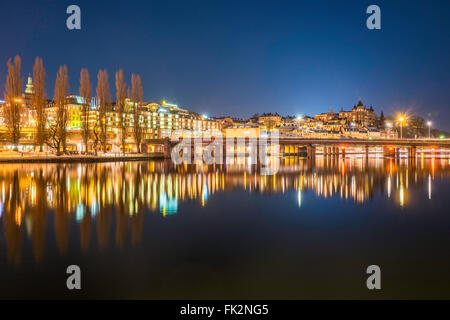 Night view of Södermalm from Kornhamnstorg on Gamla Stan, Stockholm, Sweden. Stock Photo