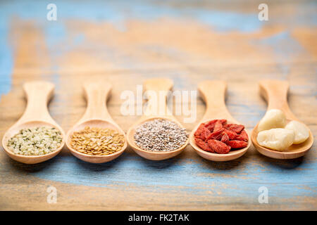 superfood (hemp seeds, golden flax seeds, chai seeds, goji berry, macadamaia nuts) on wooden spoons Stock Photo