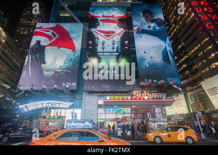 Advertising for the Warner Bros'  'Batman v Superman: Dawn of Justice' film is seen in Times Square in New York on Tuesday, March 1, 2016.  (© Richard B. Levine) Stock Photo