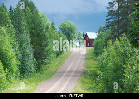 Country lane landscape in Taiga forest in eastern Finland with red house at the top of the hill Stock Photo