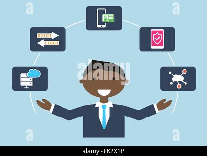 People at work: vector illustration of an IT security expert who is managing different tasks Stock Vector