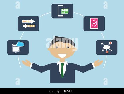 People at work: vector illustration of an IT security expert who is managing different tasks Stock Vector