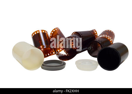 Film strip and boxes isolated on white background Stock Photo