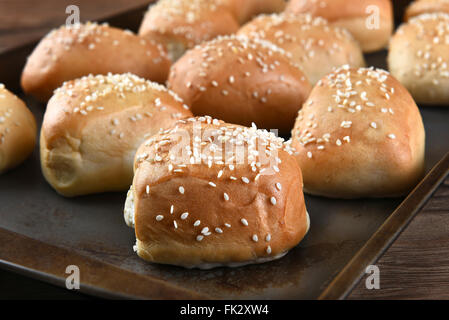 Closeup of fresh baked sesame seed dinner rolls on a metal baking sheet. Stock Photo