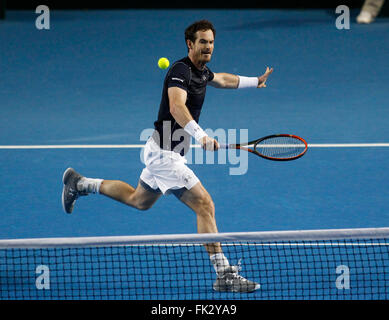 Barclaycard Arena, Birmingham, UK. 06th Mar, 2016. Davis Cup Tennis World Group First Round. Great Britain versus Japan. Andy Murray volleys against Kei Nishikori. Credit:  Action Plus Sports/Alamy Live News Stock Photo