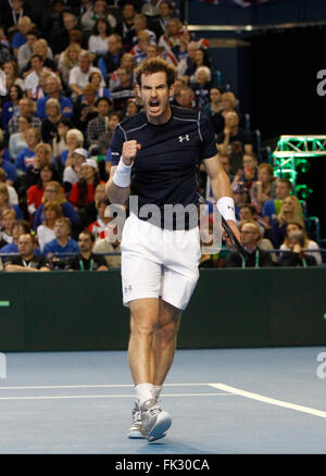 Barclaycard Arena, Birmingham, UK. 06th Mar, 2016. Davis Cup Tennis World Group First Round. Great Britain versus Japan. Great Britain's Andy Murray celebrates hitting a winner during his singles match against Japan's Kei Nishikori on day 3 of the tie. Credit:  Action Plus Sports/Alamy Live News Stock Photo