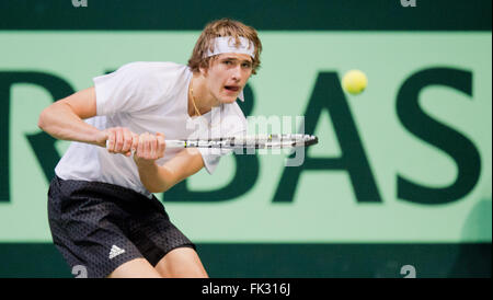 Alexander Zverev of Germany returns the ball to Carlos Alcaraz of Spain  during their semi final match at the Erste Bank Open ATP tennis tournament  in Vienna, Austria, Saturday, Oct. 30, 2021. (