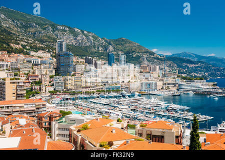Scenic view of city Pier, Jetty In Sunny Summer Day. Monaco, Monte Carlo architecture. Stock Photo