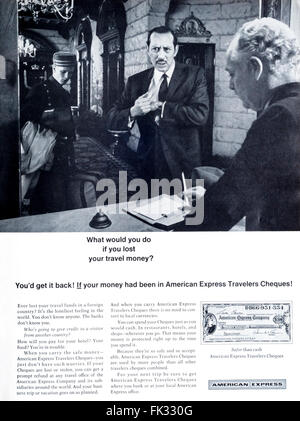 1960s magazine advertisement advertising American Express Travellers Cheques or Travelers Checks. Stock Photo