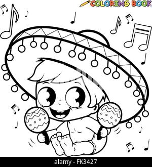 Mexican Cinco de Mayo baby shower party. Mariachi baby boy playing with the maracas. Vector black and white coloring page. Stock Vector