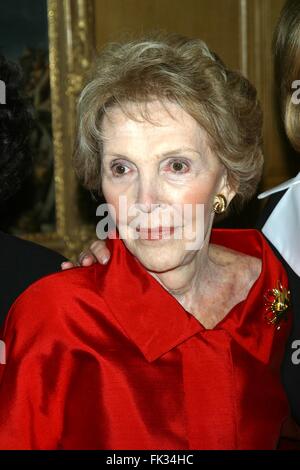 March 6, 2016 - NANCY REAGAN, Ronald Reagan's widow and First Lady from 1981-1989, has died at 94. The cause of death was congestive heart failure. Pictured: Nov 22, 2002 - Beverly Hills, California, U.S. - NANCY REAGAN attends the Phyllis George book party, ''Never Say Ever'' at private residence of a producer Kate E. Johnson in Beverly Hills. (Credit Image: © Milan Ryba/Globe Photos/ZUMAPRESS.com) Stock Photo