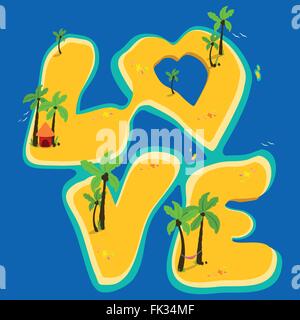 Group of exotic tropical islands with coconut palm trees forming the word love. Summer vacation islands in the blue sea. Vector illustration Stock Vector