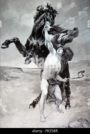 Engraving of Alexander the Great taming the horse Bucephalus from a drawing by F. Schommer in the late 19th century. Public domain image by virtue of age.  Bucephalus or Bucephalas was the horse of Alexander the Great, and one of the most famous actual horses of antiquity. Stock Photo