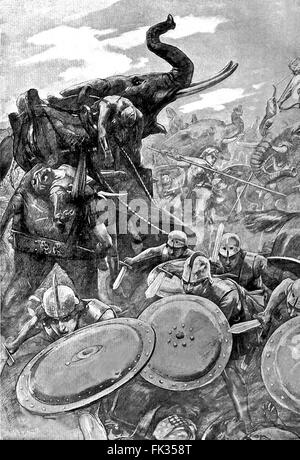 Engraving of The Greek phalanx attacking the centre in the Battle of the Hydaspes by André Castaigne (1898–1899, Public domain image by virtue of age.  The Battle of the Hydaspes was fought by Alexander the Great in 326 BC against King Porus of the Paurava kingdom on the banks of the river Hydaspes. Stock Photo