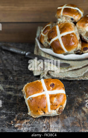 Traditional Easter hot cross buns Stock Photo