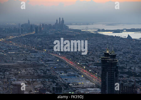 Aerial view of Dubai skyscrapers at the dusk Stock Photo