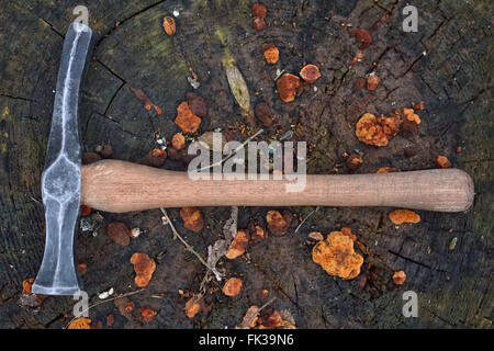 Hand made blacksmith hammer resting on an old stump Stock Photo