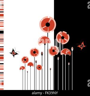 Abstract red poppy on black and white background Stock Vector