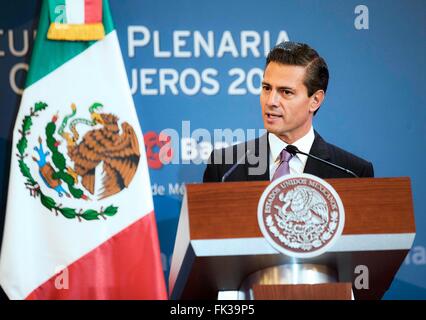 Mexican President Enrique Pena Nieto addresses the annual meeting of the Board of Directors of Banco Nacional de Mexico known as Banamex Bank at the Hyatt Hotel March 6, 2016 in Mexico City, Mexico. Stock Photo