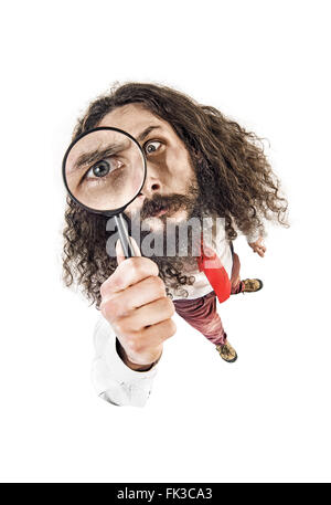 Fish-eye image of a worker holding a magnifying glass Stock Photo