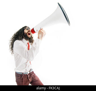 Computer geek using a bullhorn Stock Photo