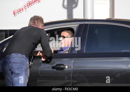 Sylvester Stallone has a chat with female paparazzi photgrapher named Kat  Featuring: Sylvester Stallone Where: Los Angeles, California, United States When: 04 Feb 2016 Stock Photo