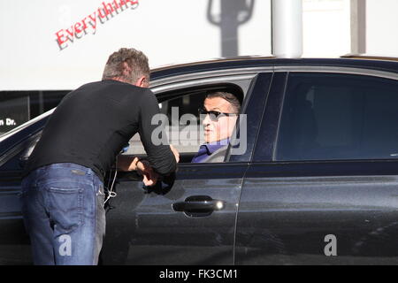 Sylvester Stallone has a chat with female paparazzi photgrapher named Kat  Featuring: Sylvester Stallone Where: Los Angeles, California, United States When: 04 Feb 2016 Stock Photo