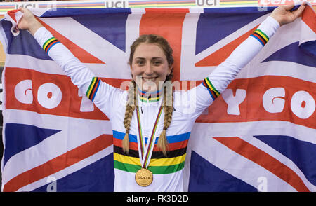 London, UK. 6th Mar, 2016. Laura Trott of Britain celebrates after winning the Gold medal in the Women's Omnium at the 2016 Track Cycling World Championships in London, Britain on March 6, 2016. Credit:  Richard Washbrooke/Xinhua/Alamy Live News Stock Photo