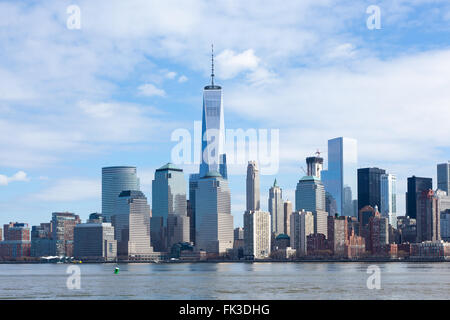 The Freedom Tower and Lower Manhattan Skyline as seen from Liberty State Park in New Jersey on March 6, 2016. Stock Photo