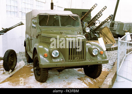 Soviet light truck GAZ-69 produced by the GAZ automobile plant (1957) displayed in the Military Technical Museum in Lesany, Czech Republic. Stock Photo
