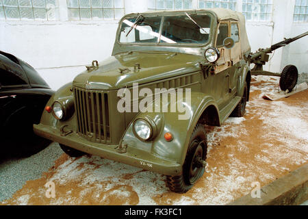 Soviet military off-road vehicle UAZ-469 produced the Ulyanovsk Automobile Plant in the 1970s displayed in the Military Technical Museum in Lesany, Czech Republic. Stock Photo