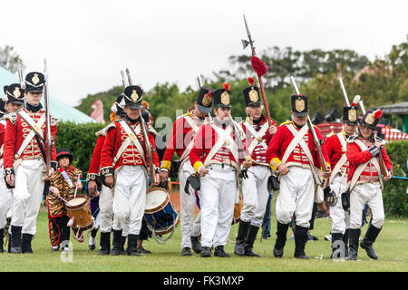 Napoleonic war re-enactment, living history. English Redcoats, 1st foot regiment, lined up, standing at the ready. Stock Photo