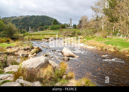 View of the ruins of Glendalough in the Wicklow Mountains, Ireland. Ruins include seven churches, a cathedral, several dwellings Stock Photo