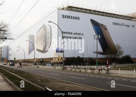 BERLIN, 05 MARCH: Huge bill board advertising panel for Samsung Galaxy S7 Edge in Frankfurter Tor in Berlin on 05 March 2016. Stock Photo