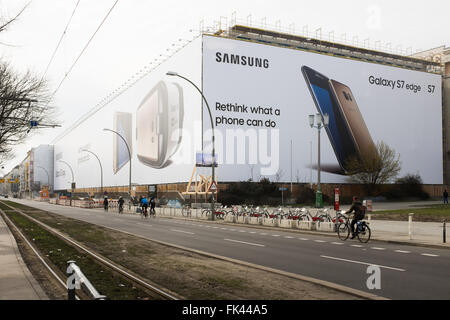 BERLIN, 05 MARCH: Huge bill board advertising panel for Samsung Galaxy S7 Edge in Frankfurter Tor in Berlin on 05 March 2016. Stock Photo
