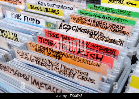 1970's prog rock vinyl records on sale at a market stall in Camden Town, London Stock Photo