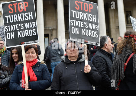 London, UK. 06th Mar, 2016. Thousands attend a demonstration in Trafalgar Square London on 6th March 20156 to demonstrate solidarity for Kurds including Green Party leader Natalie Bennett Credit:  Alan West/Alamy Live News Stock Photo