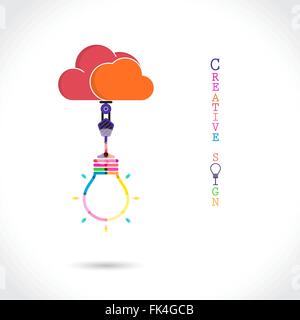 Flat cloud and creative light bulb sign on background for education or business concept. Vector illustration Stock Vector