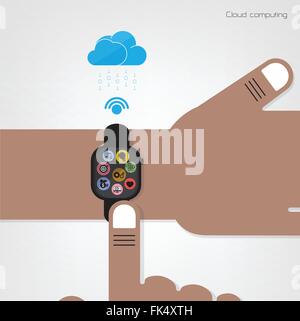 Smart watch on businessman hand and internets connection sign. Vector illustration Stock Vector