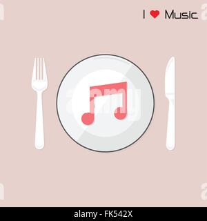 Creative music note sign on disk with fork and spoon. I love music concept. Vector illustration Stock Vector