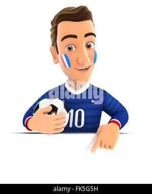 3d french soccer fan pointing to empty wall, isolated white background Stock Photo