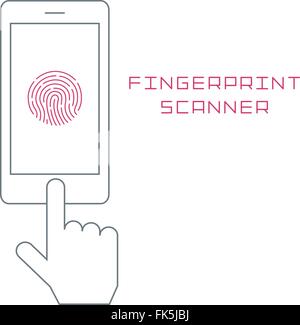 Fingerprint scanning on smartphone vector flat design thin line illustration. mobile phone finger  identification Stock Vector