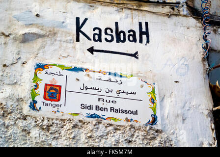 Street sign and sign pointing towards Kasbah, Medina, Tangier, northern Morocco, northern Africa Stock Photo